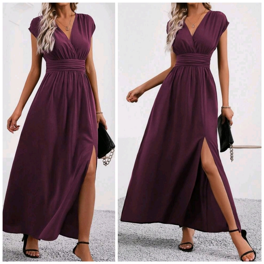New Flowy Ruched Waist Split Maxi Dress Dolman Short Sleeve Burgundy Red Sangria
